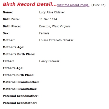 Summary of birth record for Lucy Alice Oldaker